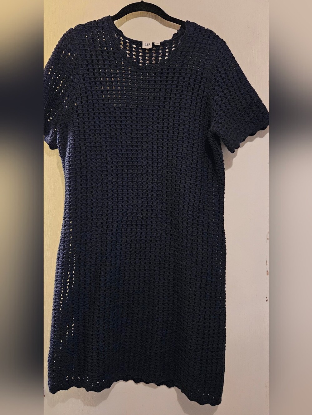Gap Factory Navy Uniform Blue Crochet Knit Short Sleeve Shift Mini Dress Size L